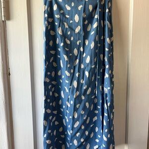 Reformation Blue Maxi Wrap Skirt with Cream Spot Print